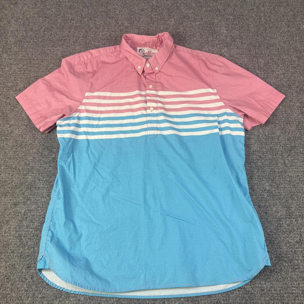 Chubbies Shirt Mens XL Pink Blue Stripe Short Sleeve Button-Down Popover Stretch